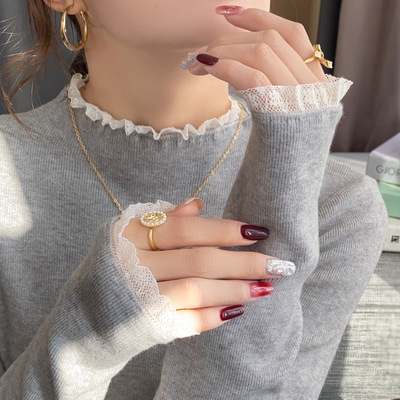 蕾丝针织打底衫女装秋冬内搭2025新款独特别致上衣半高领毛衣女