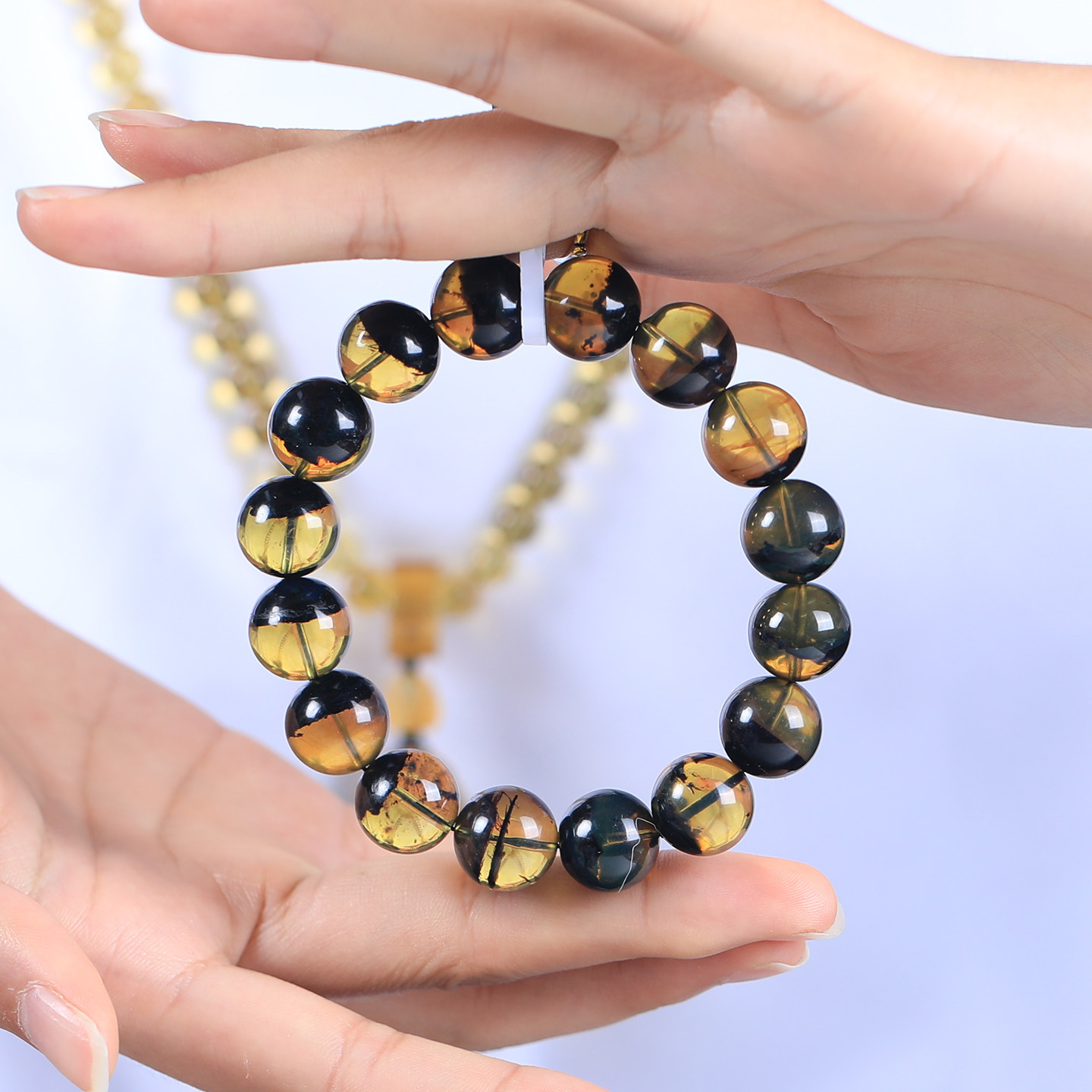 天然缅甸琥珀蜜蜡海藻翁特色聚宝盘溶洞手串文玩推荐精品根珀单圈