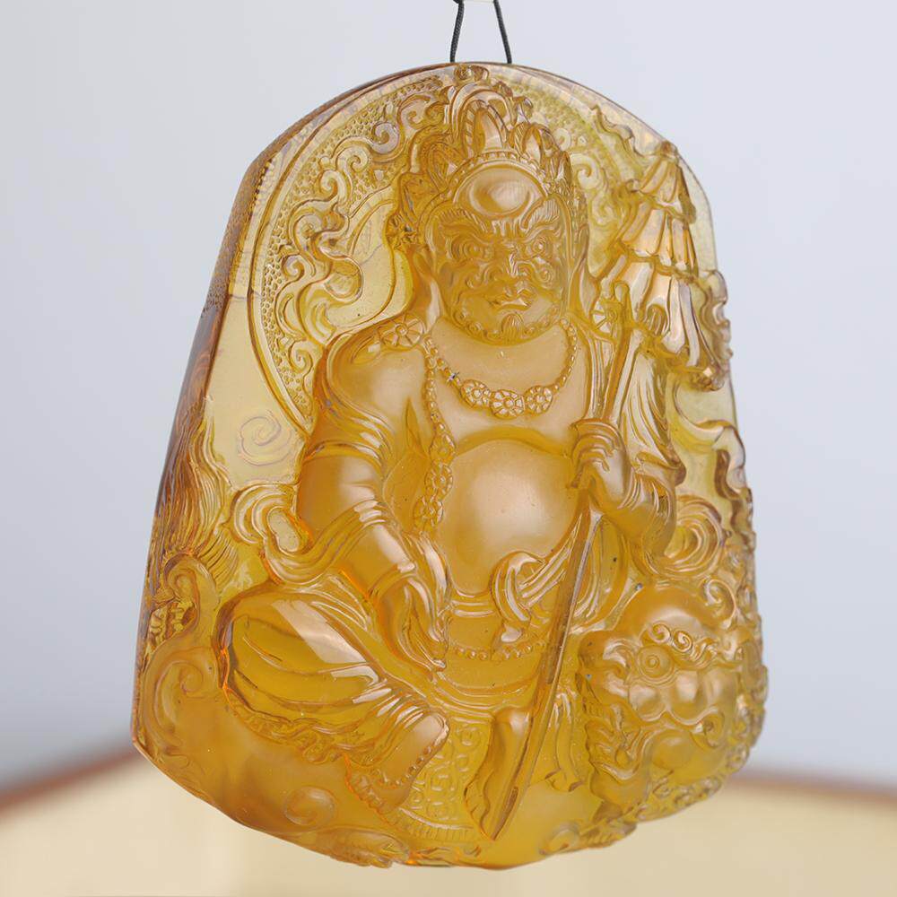 万福缅甸琥珀黄茶珀财神手工雕刻件复古藏风毛衣链文玩手编绳
