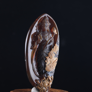 万福天然缅甸琥珀紫罗兰根珀溶洞站观音雕刻件凤凰护主俏色摆件