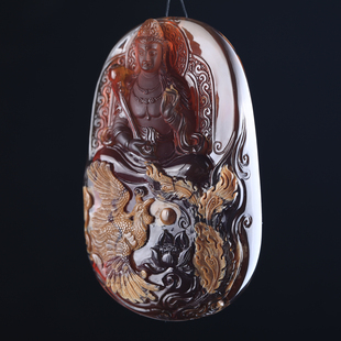 万福天然缅甸琥珀红蜜根珀溶洞观音吊坠俏色凤凰护主挂件紫罗兰