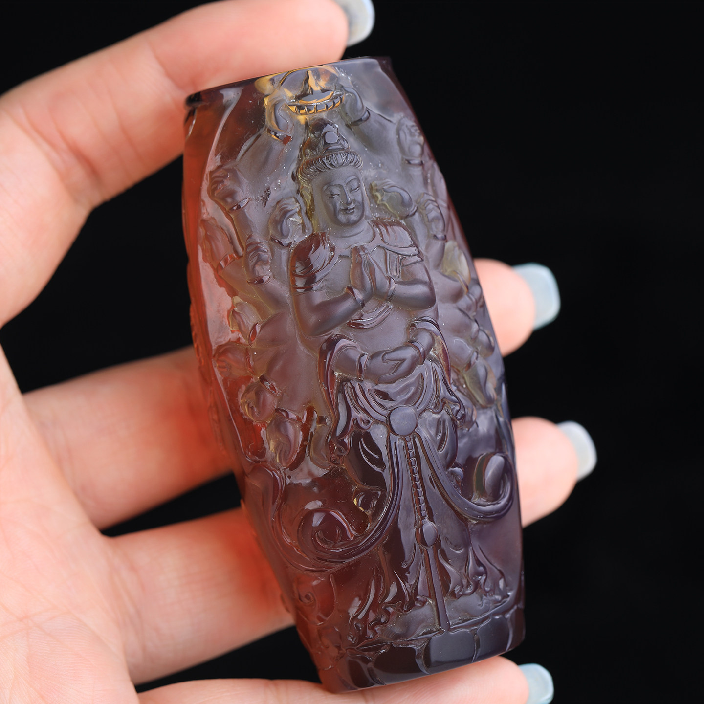 万福缅甸琥珀天珠千手观音吊坠雕刻手把件红蜜紫罗兰复古大气藏式