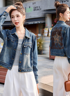 牛仔外套女2025秋季新款后背刺绣翻领牛仔上衣