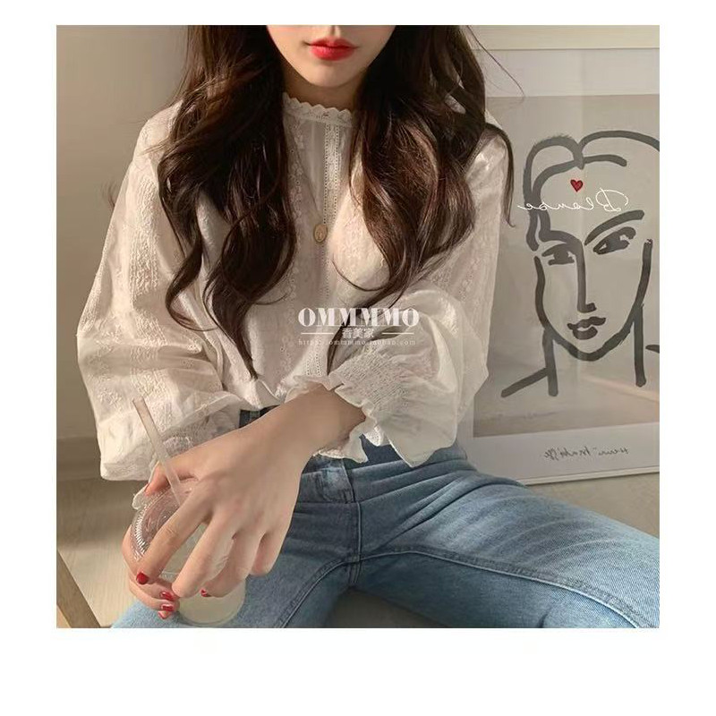 韩版洋气女士春季新款棉衬衫白色刺绣蕾丝打底衫夏季女上衣