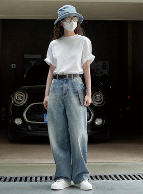卢浮秋季新款韩版复古时髦老爹阔腿牛仔裤宽松显瘦浅蓝休闲长裤女