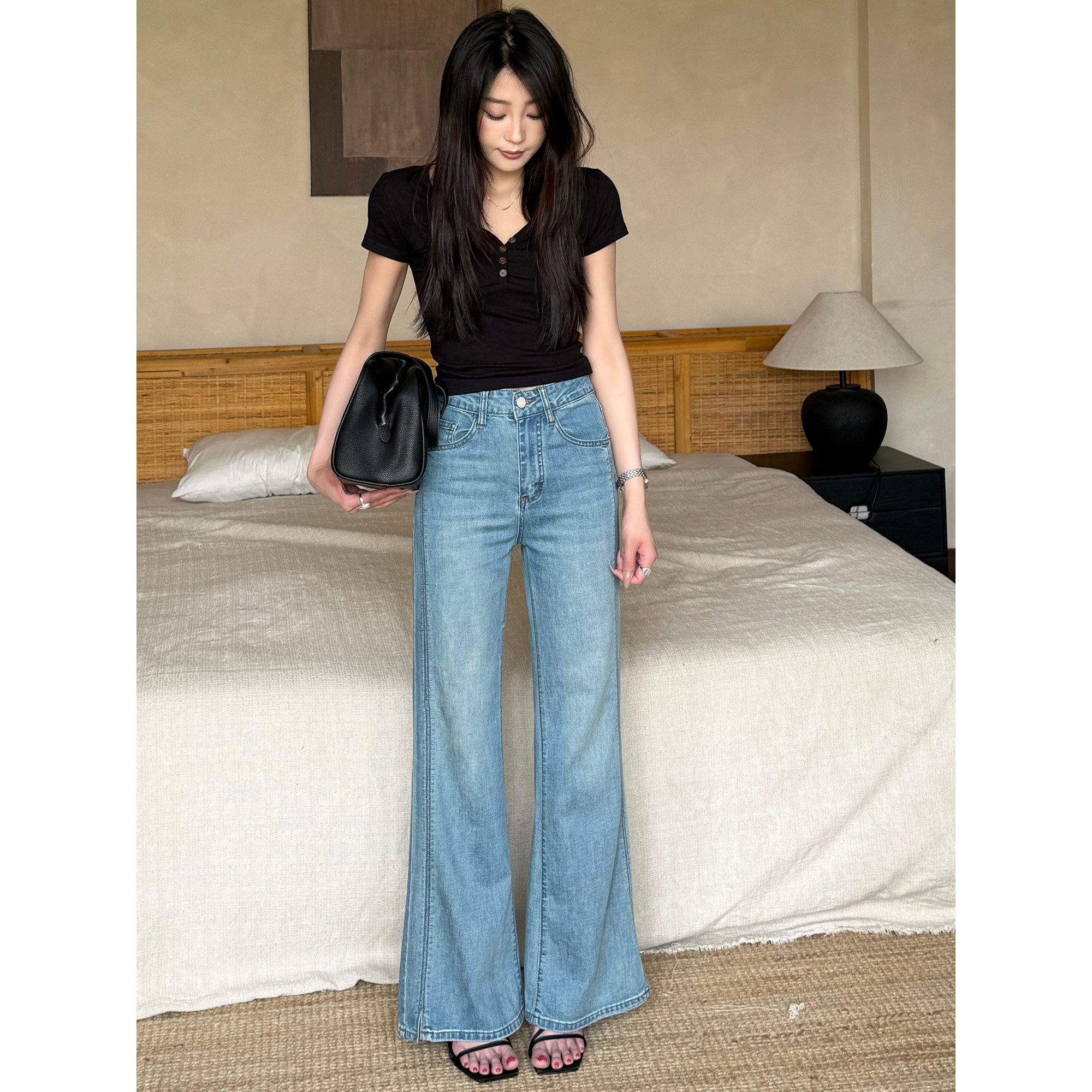代陌嘉女装辣妹牛仔裤女2026夏季薄款韩系时尚高腰弹力高个子微喇