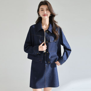 26春季时髦复古靛蓝色廓形显瘦丹宁牛仔外套半裙套装2575225753