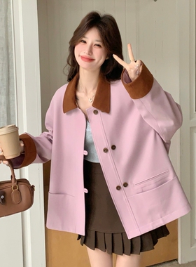 新款2026春季灯芯绒拼接撞色双盘扣短款风衣外套C206P150K248