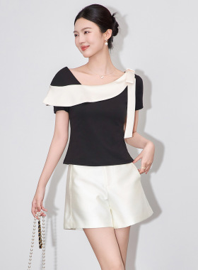 2510403通勤温柔气质撞色拼接不规则T恤女夏款修身短袖上衣南油