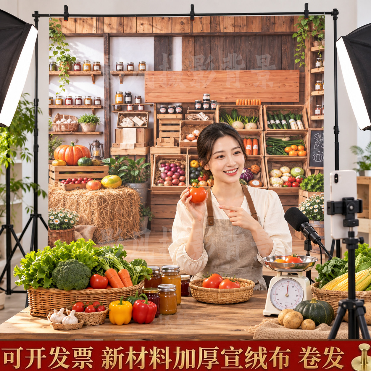 怀旧乡村农家直播背景布3D立体老土房柿子树土墙农产品带货短视频