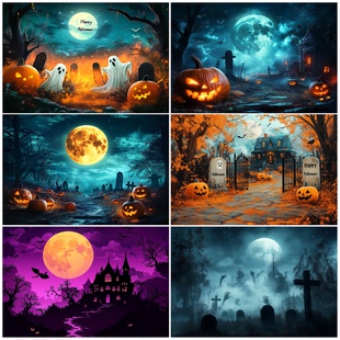 万圣节恐怖南瓜头月亮黑夜古城堡害怕蝙蝠坟地墓碑浓雾装饰背景布