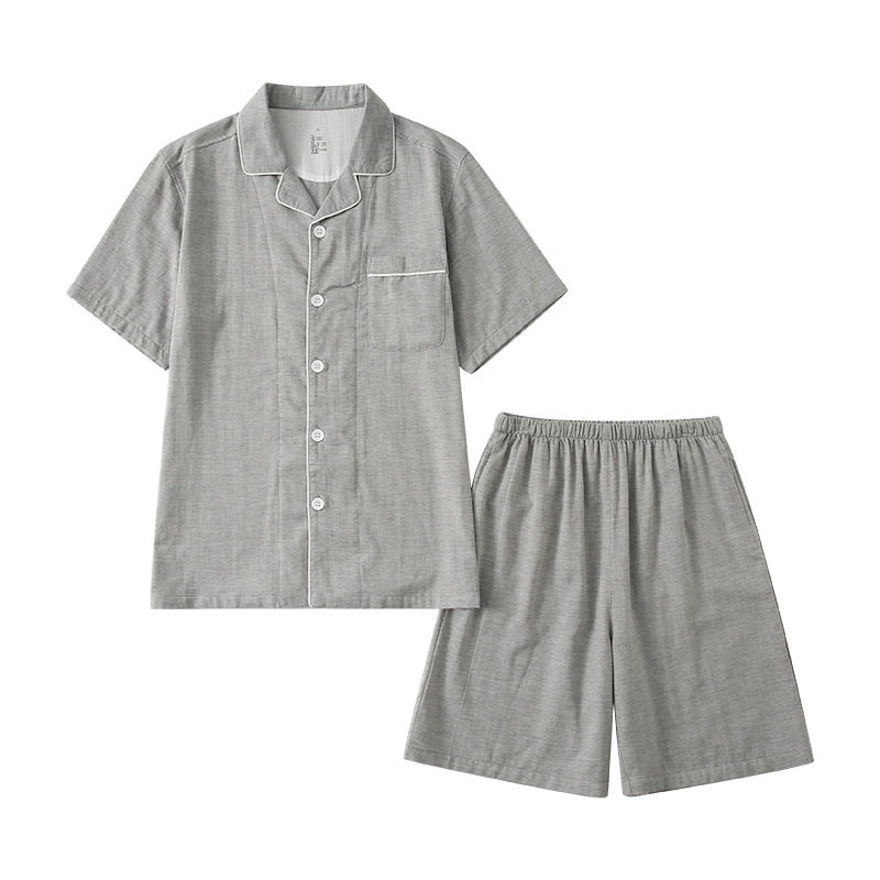 无侧缝夏季无印全棉情侣短袖短裤套装男女款纯色家居服小格子睡衣