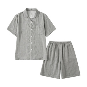 无侧缝夏季无印全棉情侣短袖短裤套装男女款纯色家居服小格子睡衣