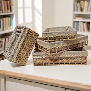 精编收纳筐桌面杂物零食草编织收纳篮办公室家用钥匙仿藤大整理盒