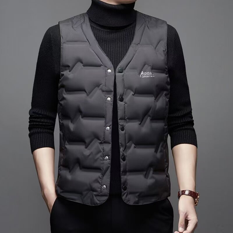 羽绒服V领马甲男冬季保暖白鸭绒休闲坎肩中老年内搭印花马夹背心