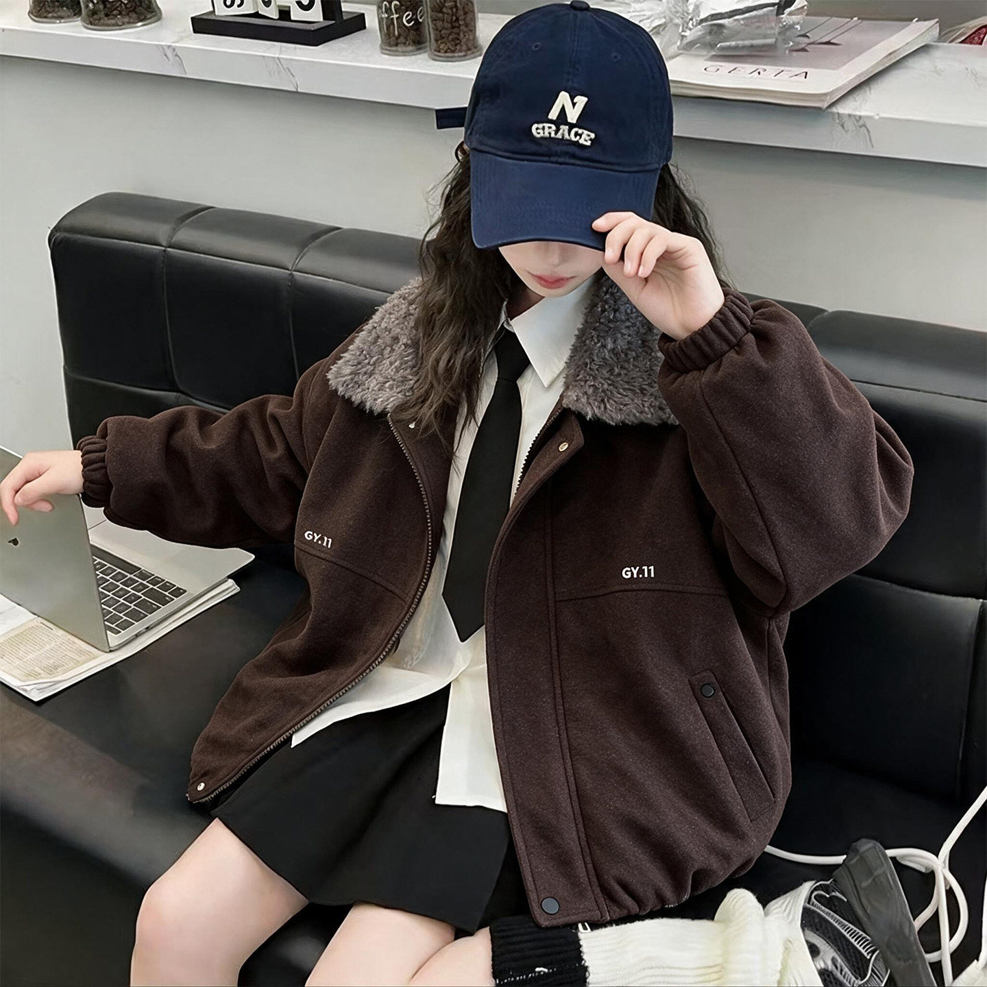 女童毛领外套夹棉秋冬保暖夹克厚