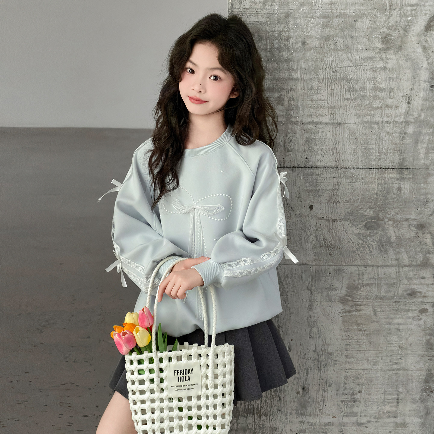秋冬女童韩版花边蝴蝶结加绒卫衣
