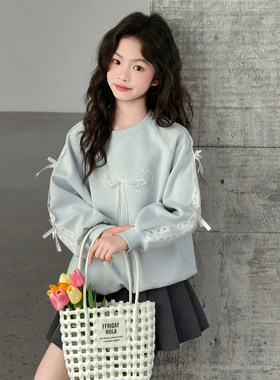 秋冬女童韩版花边蝴蝶结加绒卫衣