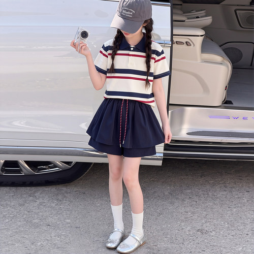 女童夏学院风条纹POLO衫裙裤套装