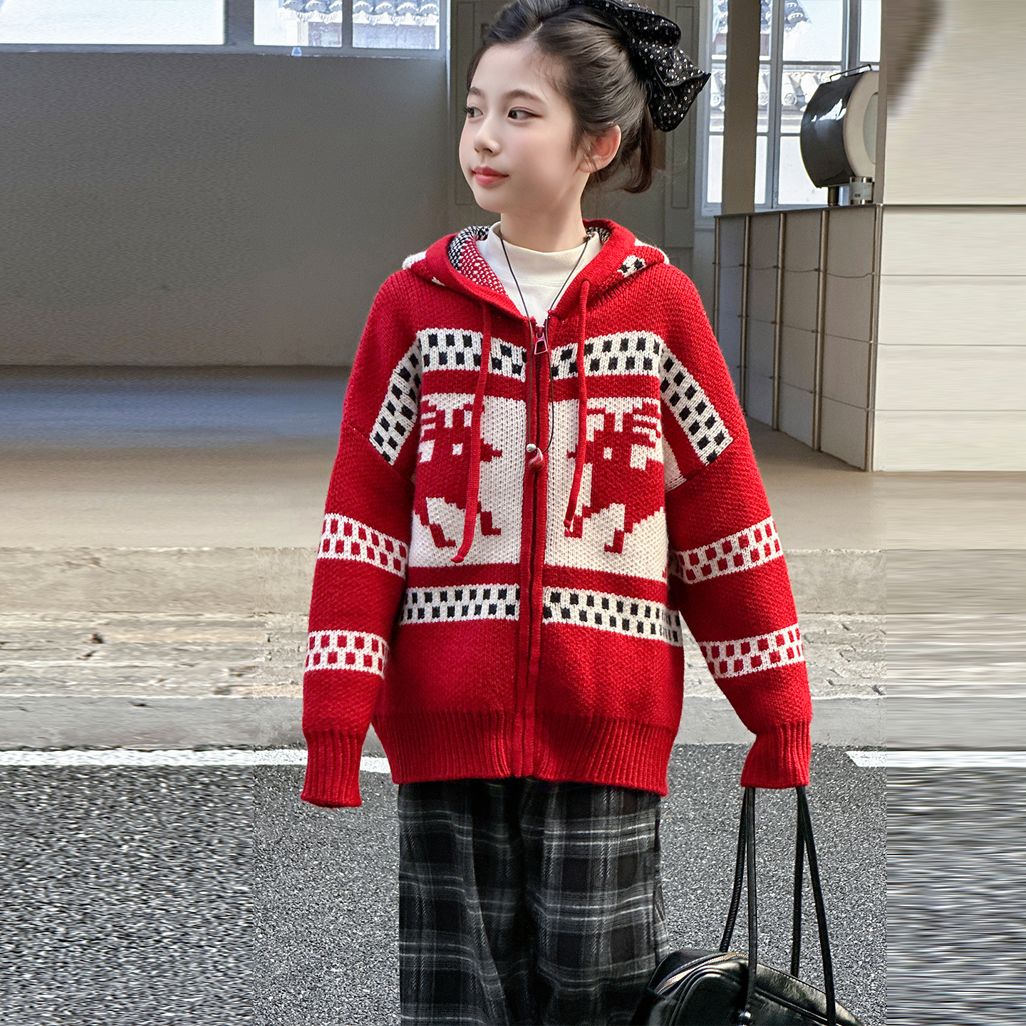韩版加厚秋冬装连帽女童提花毛衣