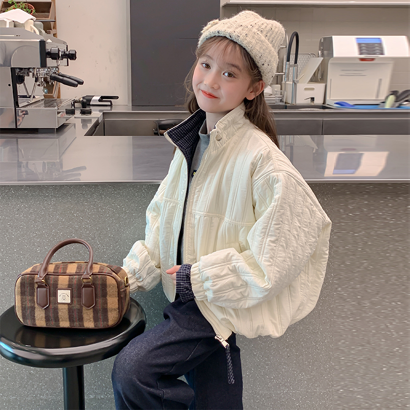 女童棉服秋冬装2025新款中大童立领夹棉外套韩版加厚拼接夹克洋气