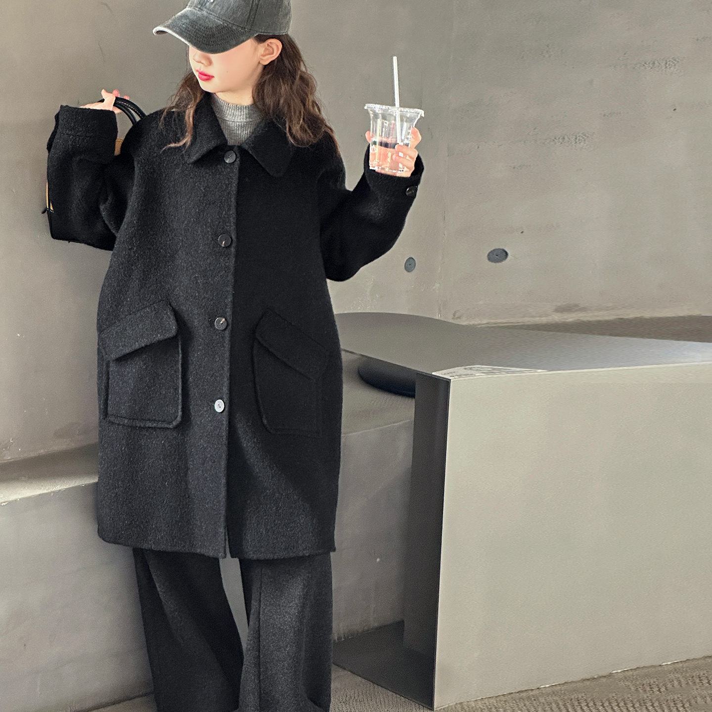 女童呢大衣秋冬装2025新款中大童翻领宽松上衣韩版中长款外套洋气