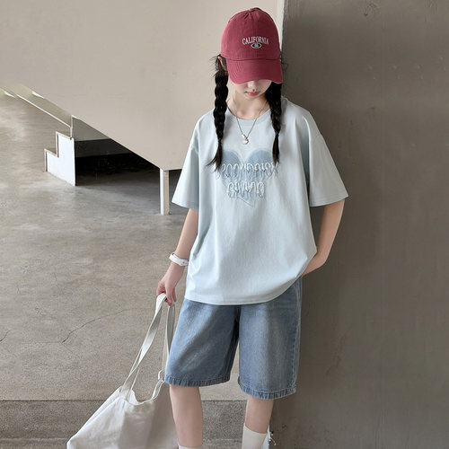 女童休闲套装夏短袖牛仔裤两件套