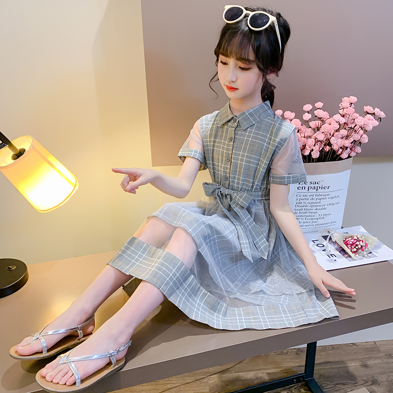 女童连衣裙韩版夏短袖衬衫格子裙