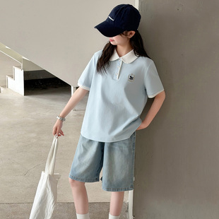 女童短袖T恤套装夏季新款中大童刺绣polo衫休闲7分牛仔中裤两件套
