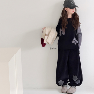 女童套装秋冬季2025新款中大童加厚刺绣毛衣韩版加绒束脚裤两件套