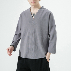 春夏风七分袖T恤男潮流中式汉服潮流V领半袖t恤衫上衣AC03P25图片