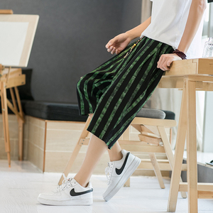 2025夏季新款七分裤男风条纹短裤潮流休闲亚麻沙滩裤K49P35，男装牛仔裤，四季星座220-2