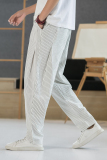 2025春夏风条纹休闲裤男宽松大码阔腿长裤潮流棉麻裤子K75P45，男装休闲裤，星座220-2