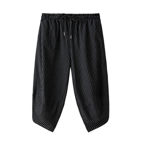 夏季日系大码宽松条纹七分裤男风亚麻哈伦裤复古休闲裤K14P30图片
