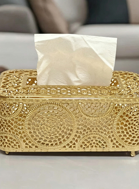金色镂空花纹装饰家居抽纸巾盒
