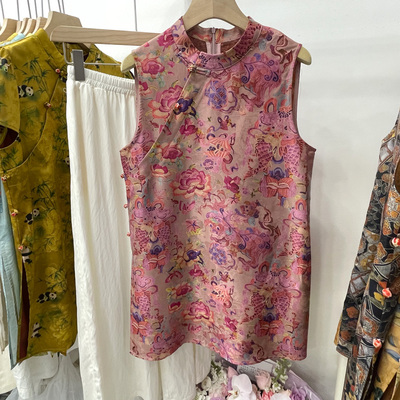 新中式国风盘扣立领无袖马甲女2025夏季中长款旗袍上衣阔腿裤套装