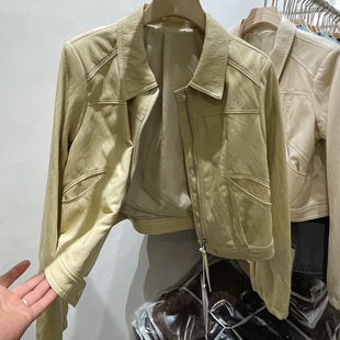 高腰短款翻领皮衣外套女2026春季新款百搭显瘦机车蛋白皮夹克上衣