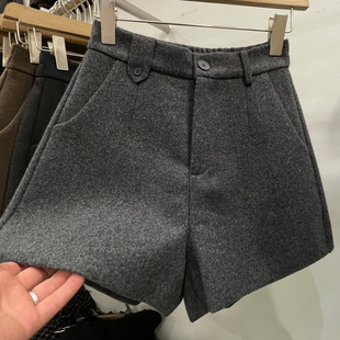 靴裤 韩系休闲百搭显瘦直筒阔腿裤 女2025秋冬新款 半松紧腰毛呢短裤