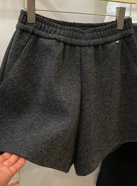 加绒加厚毛呢休闲松紧腰短裤女冬装韩系简约百搭阔腿裤外穿靴裤子