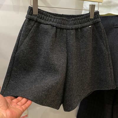加绒加厚毛呢休闲松紧腰短裤女冬装韩系简约百搭阔腿裤外穿靴裤子
