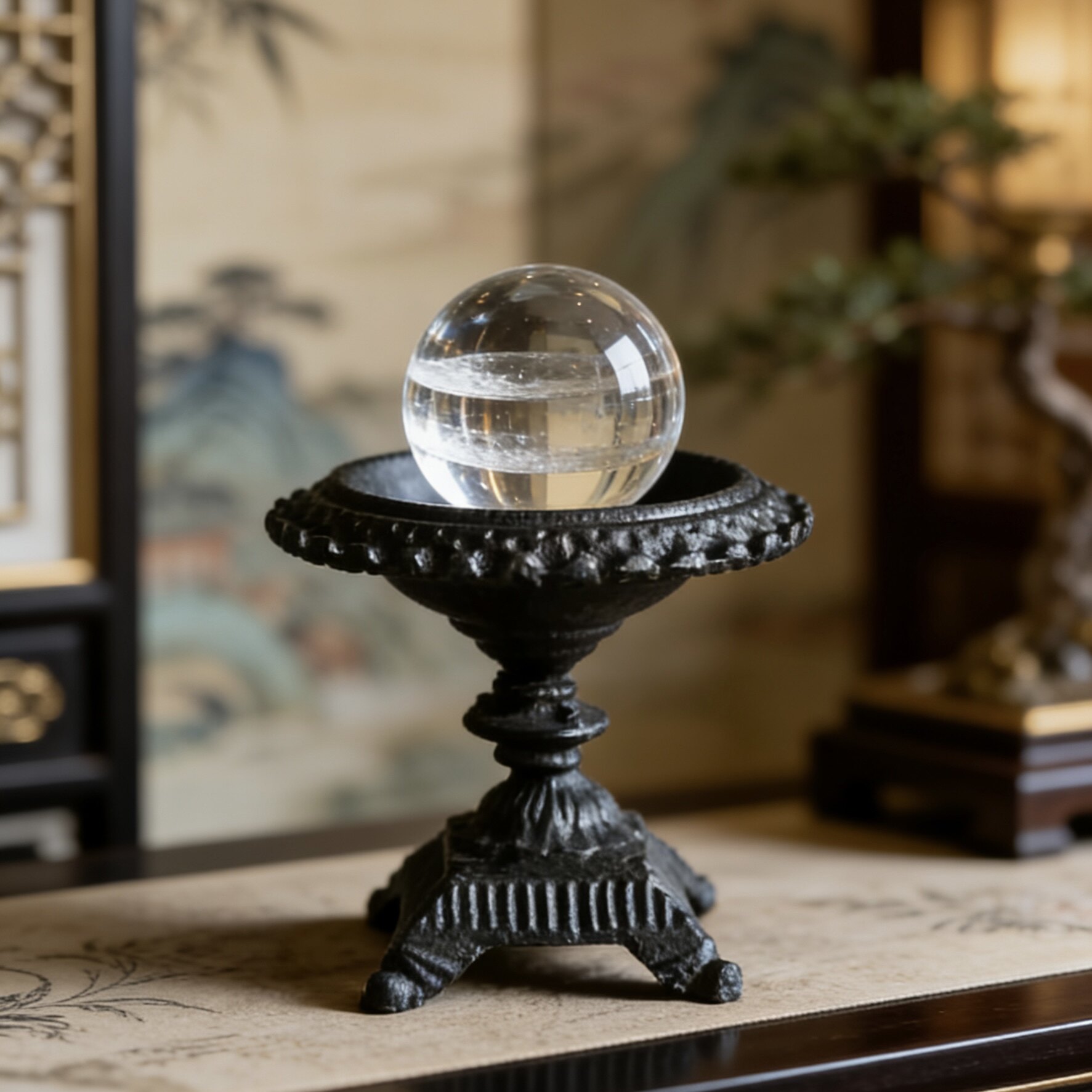 侘寂中古风黑色铸铁手工高脚水晶球底座稳重创意桌面客厅装饰摆件