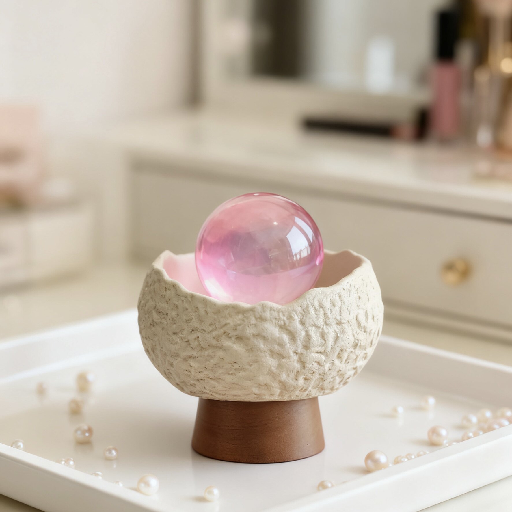 现代陶瓷水晶球托盘实木底座高脚高颜值创意桌面床头柜装饰品摆件