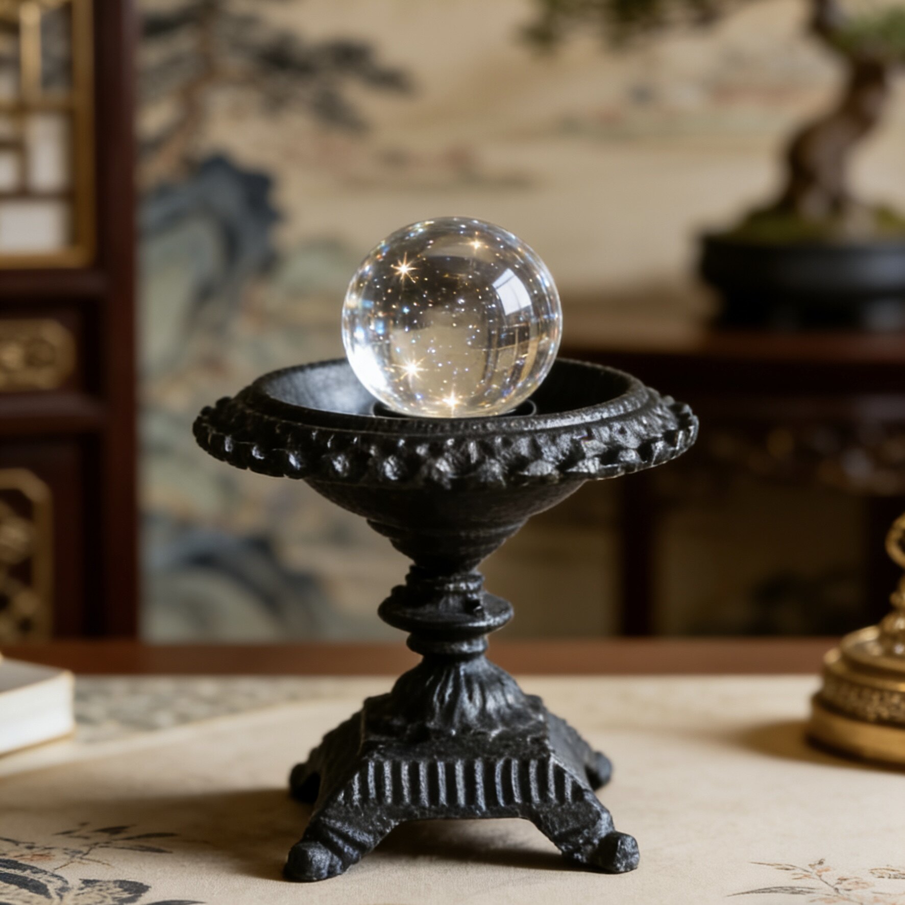 侘寂中古风黑色铸铁手工高脚水晶球底座稳重创意桌面客厅装饰摆件