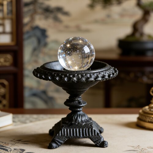 侘寂中古风黑色铸铁手工高脚水晶球底座稳重创意桌面客厅装饰摆件