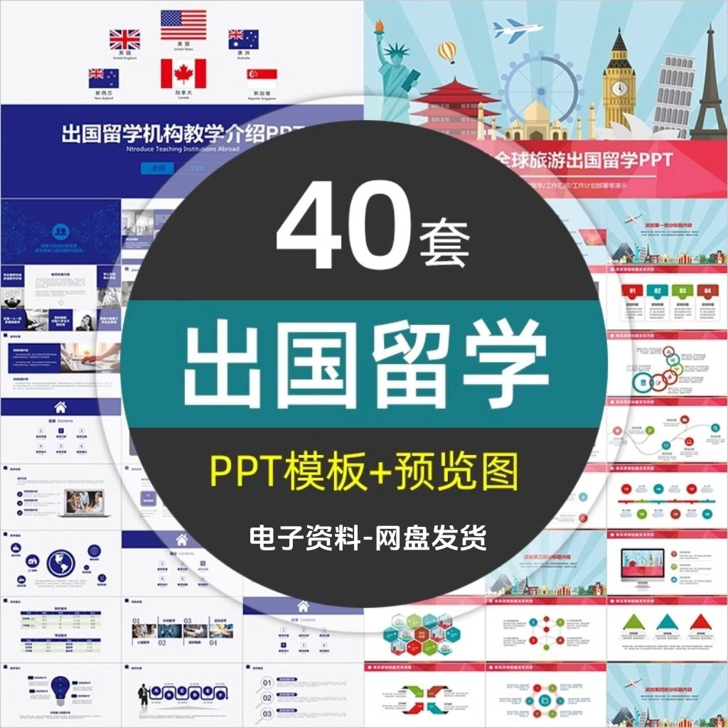 出国留学培训机构PPT模板教育中介公司招生介绍环球旅游国外读书