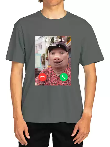 Funny and Humorous Printed T-Shirt John Pork Is Making a Phone Call, Pig Lover Graphic T-Shirt, Men's Pure Cotton Short Sleeve