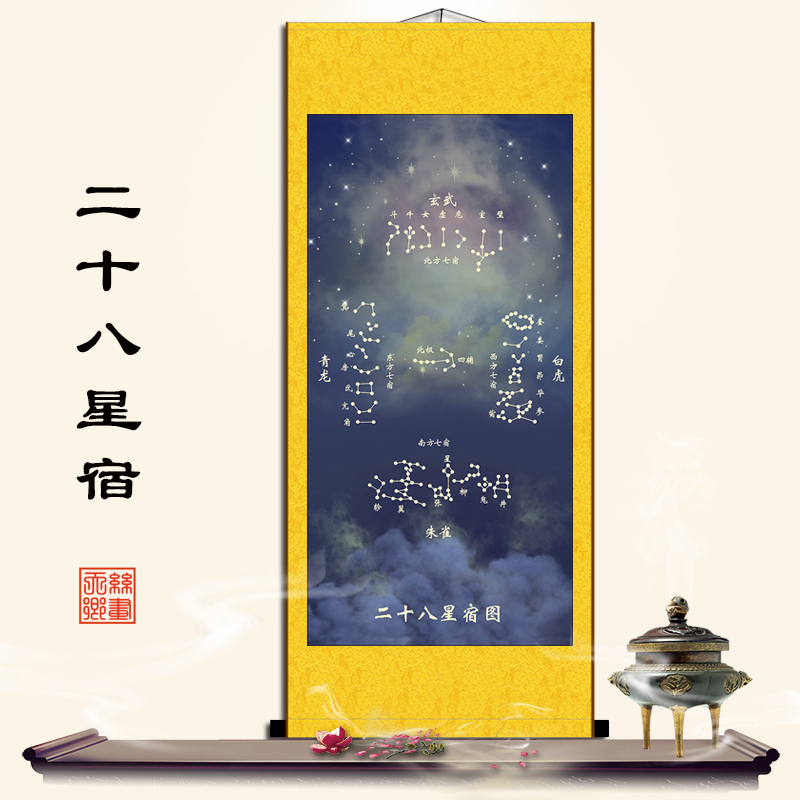二十八星宿图方位卷轴挂画风水招财画丝绸卷轴装饰画防水不褪色