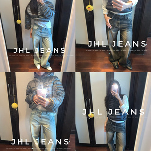 男女百搭显瘦长裤 JHL JEANS水洗蓝宽松直筒牛仔裤