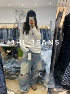 新品 稀有重工破坏水洗阔腿做旧毛边百搭中性牛仔裤 JEANS自制 JHL