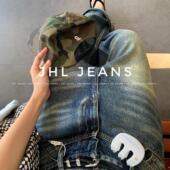 JEANS 新品 宽松阔退拖地 JHL 复古怀旧洗水牛仔阔腿裤 男女